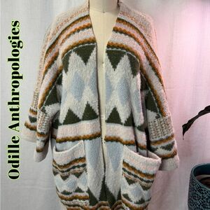Odille Anthropologie Oversized Boho Coatigan Geometric Knit Cardigan Pockets